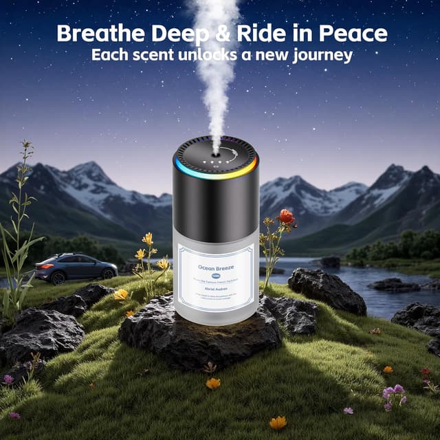 Detalle de Klomsuw Smart Car Air Freshener (150 ML) with RGB Music Sync Light, Auto On/Off & 3-Mode Scent Control