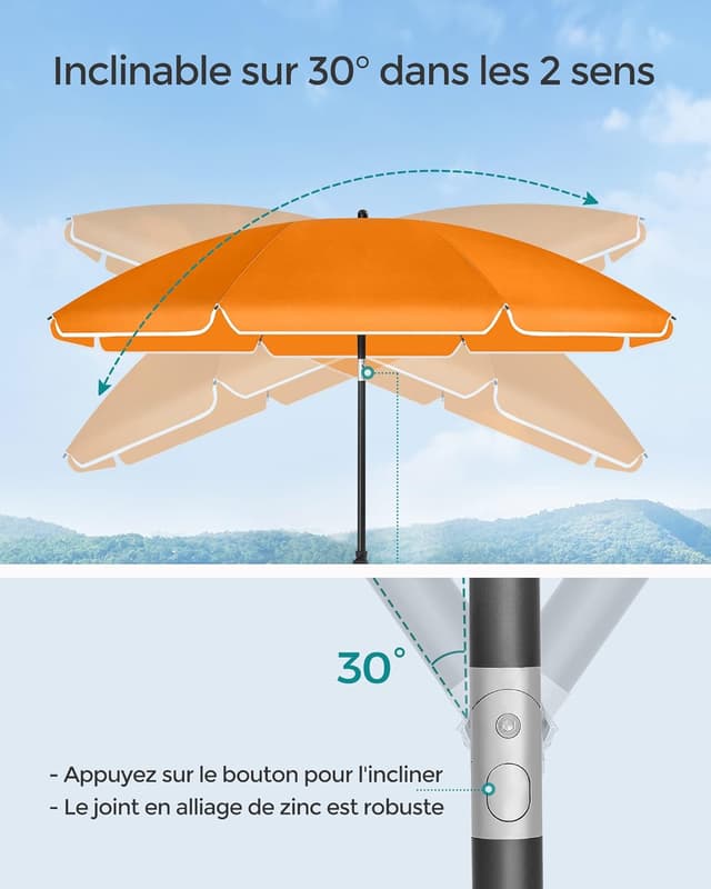 Detalle de SONGMICS Parasol orange de 160 cm avec UPF 50+ inclinable sur 30° dans les deux sens, hauteur réglable (sans base)