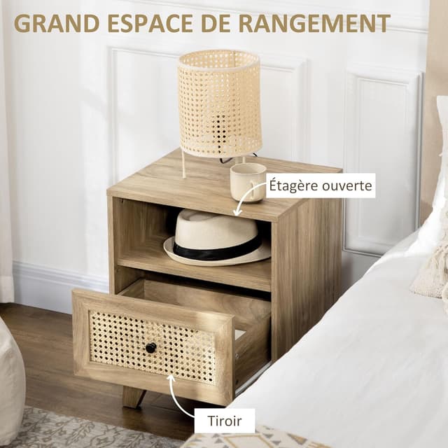 Detalle de HOMCOM table de chevet avec porte en cannage, tiroir et niche 45 x 39 x 56,5 cm