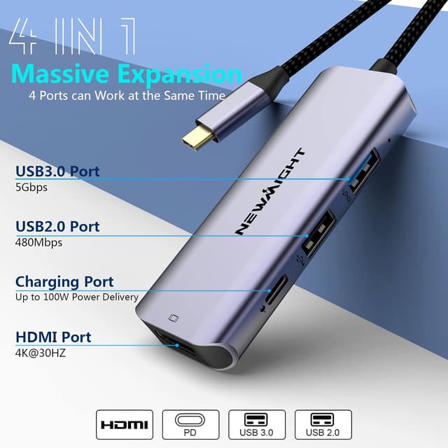 Detalle de Newmight 4-in-1 USB-C Hub with 100W Power Delivery and HDMI 4K (USB 3.0 + USB 2.0 ports)