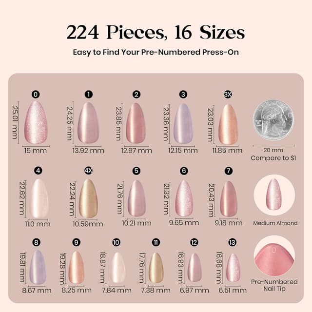 Detalle de Beetles Cat Eye Press On Nails (7 Nude Colors, Medium Almond, 16 Sizes, 224 pcs) — Magnetic Shimmer, Salon-Like Fit