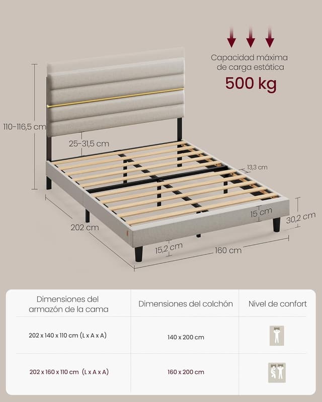 Thumbnail 1 de VASAGLE RMB505LH01 160 x 200 cm cabecero acolchado