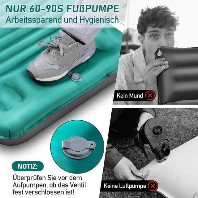 Detalle 2 de JEMULICE Isomatte Camping 12 cm ultradick mit Fußpumpe – ultraleicht & kleines Packmaß für Zelt und Wandern