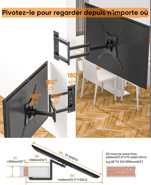 Detalle 2 de FORGING MOUNT Support mural TV longue portée pour angles (26 à 65 pouces) – Rotation portrait/paysage, VESA jusqu’à 400x400 et jusqu’à 35 kg
