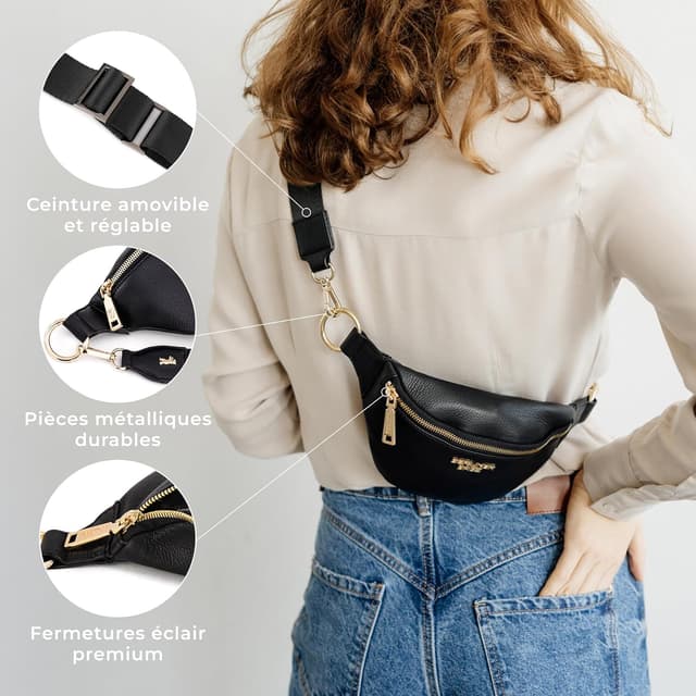 Detalle de Berliner Bags Mona : sac banane en cuir véritable avec sangle réglable