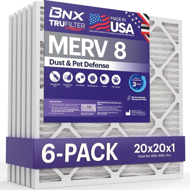 Detalle de BNX TruFilter 20x20x1 MERV 8 Air Filter (6-Pack) for HVAC, AC & Furnace — Electrostatic Pleated, Dust & Pet Defense