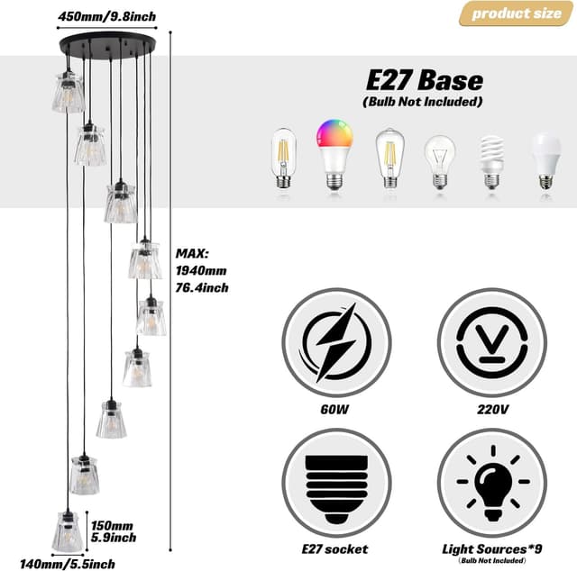 Detalle 2 de FRIXCHUR High Ceiling Long 9-Light Black Crystal Pendant Chandelier for Stairwells & Double-Height Spaces