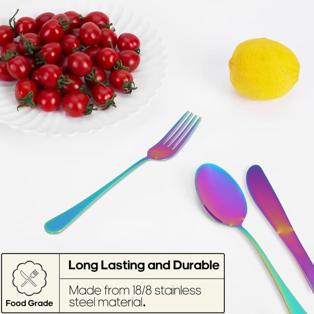 Detalle de Quatish Camping Besteck-Set (5-teilig) aus Edelstahl inkl. Etui – Reisebesteck to go mit Regenbogenfarbe