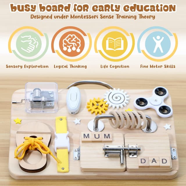 Detalle de Wooden Busy Board for toddlers, 9 activities