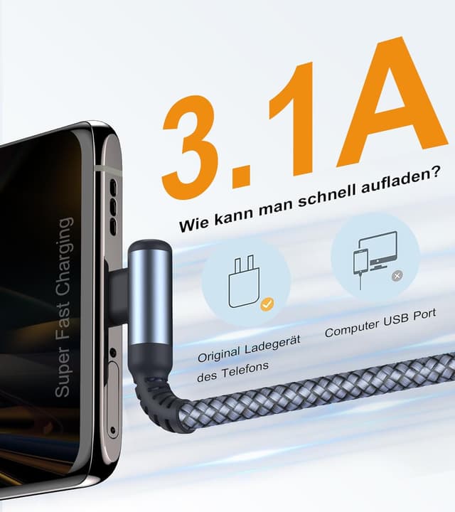 Detalle de USB C Kabel 3.1A Schnellladung 2m