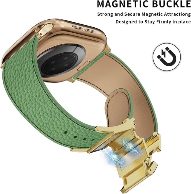 Detalle de Leather Watch Band with Magnetic Buckle for Apple Watch Ultra & Series (49mm–38mm) – Natural Cowhide Strap