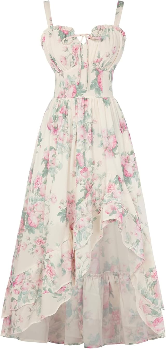 Thumbnail 6 de SCARLET DARKNESS Robe d’été victorienne à fleurs, longue, bretelles spaghetti et ourlet à volants