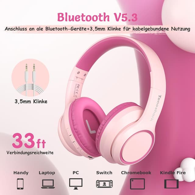 Detalle de TONOSHARK Bluetooth Kinderkopfhörer Over-Ear (Noise Cancelling), Rosa – kabellos mit Mikrofon & 60h Spielzeit inkl. Tragetasche
