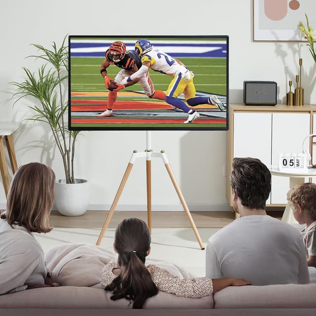 Detalle 2 de ETHU Tripod Easel TV Stand for 32–65 inch TVs with Height Adjustable Swivel & Beech Wood Legs (VESA 400x400, up to 40kg)