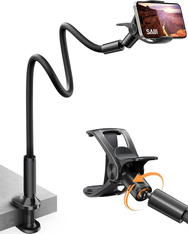 Detalle de SAIJI support de téléphone de chevet avec col de cygne 95 cm et rotation 360° (cuir PU, noir)