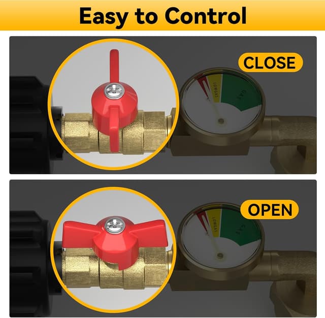 Detalle de Rushare Upgraded Propane Refill Adapter for 1 lb Tanks (90-Degree Elbow) with Valve and Gauge