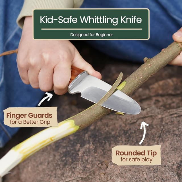 Detalle 2 de Kibbidea Schnitzmesser für Kinder (ab 8 Jahren) – Edelstahl, sicheres Taschenmesser-Set mit Lindenholz & Zubehör