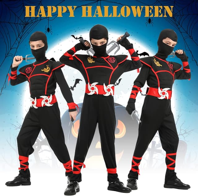 Detalle de Aomig Ninja Kostüm Kinder (13-teilig) – Ninja-Set für Jungen & Mädchen für Halloween, Karneval & Party