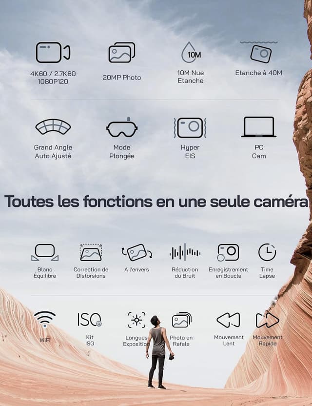 Detalle de WOLFANG 4K 60FPS GA400 – Caméra sport étanche 20 MP WiFi, grand angle 170° avec EIS