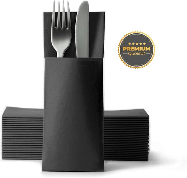 Detalle de Airlaid Besteckservietten von Gastroservietten.de – Bestecktaschen mit Serviette, 32 × 40 cm, schwarz (50 Stück)