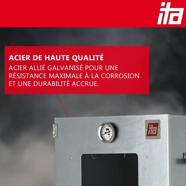Detalle 2 de ITA Fumoir Électrique 7000 : ensemble smoker à 3 niveaux avec chauffage, générateur de fumée et fenêtre