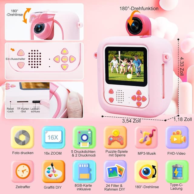 Detalle de ARNSSIEN Sofortbildkamera Kinder mit 180°-Klappobjektiv (2,4" 1080P) – M2 Rosa Einhorn