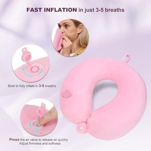 Detalle 2 de Cirorld almohada de viaje hinchable para cuello (rosado), con máscara de ojos, tapones y bolsa