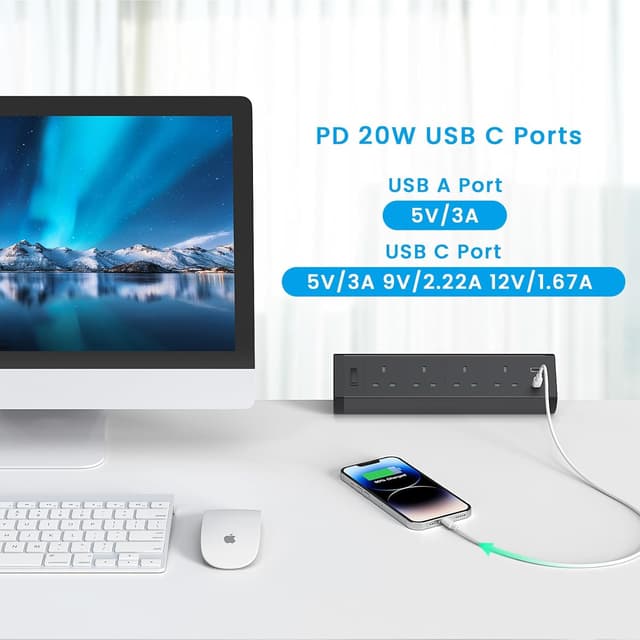 Detalle de Haylink 4 Way Desk Extension Lead 3M with USB-C strip ๐