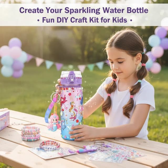 Detalle de Sanilinwild girls’ 600ml mermaid DIY water bottle kit (decorate + friendship bracelet)