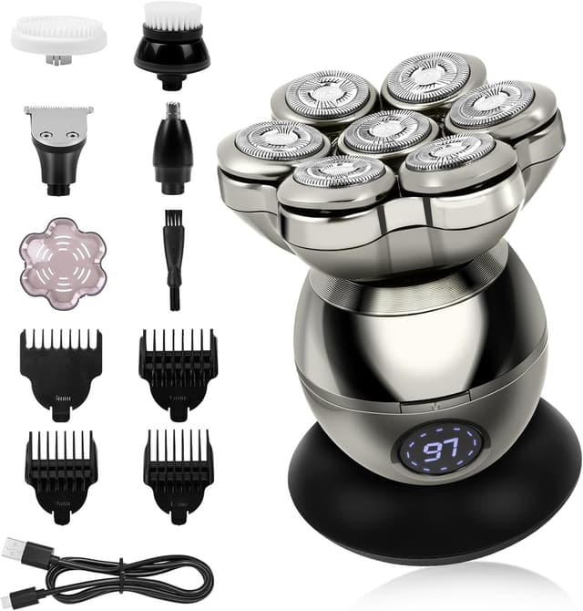 Detalle de LOPHE Rasoir tête de chauve 5 en 1 7D sans fil Type-C avec 7 têtes flottantes et écran LED