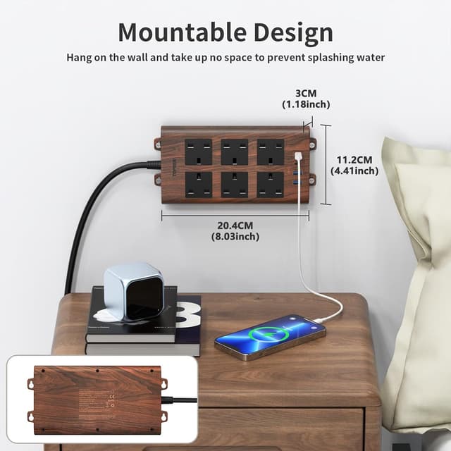 Detalle de TOPREK Wood Grain 6-Way Extension Lead with 2USB-C, 2USB-A & Surge Protection (2m, Brown)