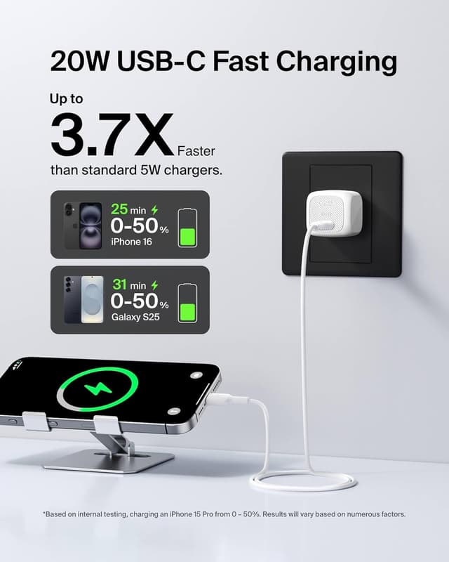 Detalle 2 de Belkin USB-C Charger Block 20W (2-Pack) Fast Charging Wall Charger, Foldable Prongs, USB Power Delivery 3.1, White