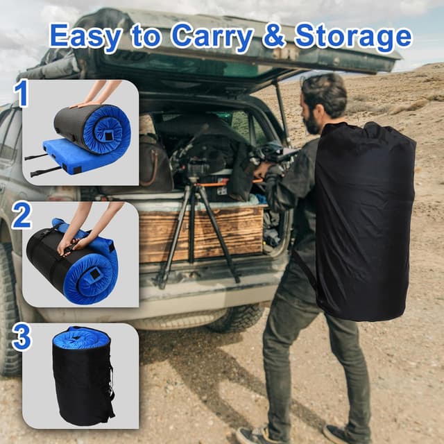 Detalle de Memory Foam Camping Mattress Pad for Adults — Waterproof, Non-Slip Roll-Up Floor Sleeping Mat