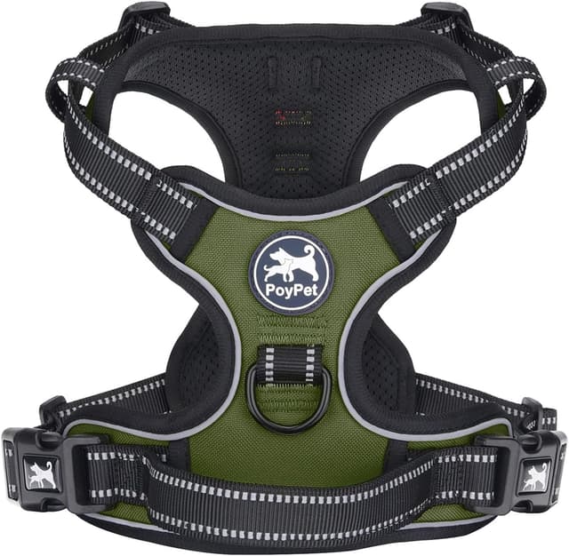 Detalle de PoyPet No Pull Dog Harness with Reflective Vest, 2 Leash Attachments and Control Handle (Army Green, L)