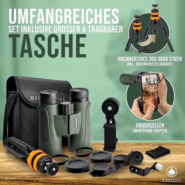 Detalle 2 de Birkental Fernglas für Erwachsene 12x42 inkl. Zubehör – wasserdicht, leicht & kompakt (grün)