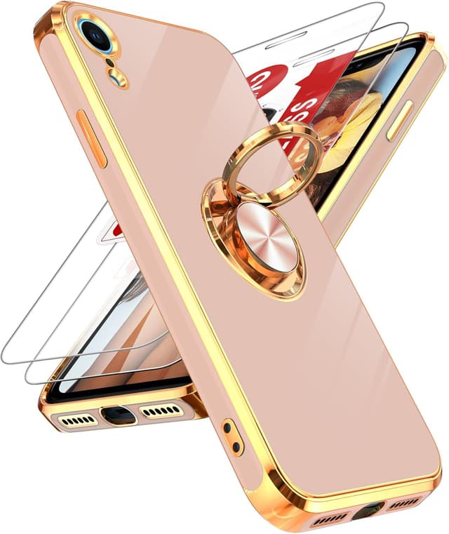 Detalle de LeYi iPhone XR Case with Tempered Glass Screen Protector (2-Pack) 360° Magnetic Kickstand Ring Holder, Rose Gold Edge, Pink