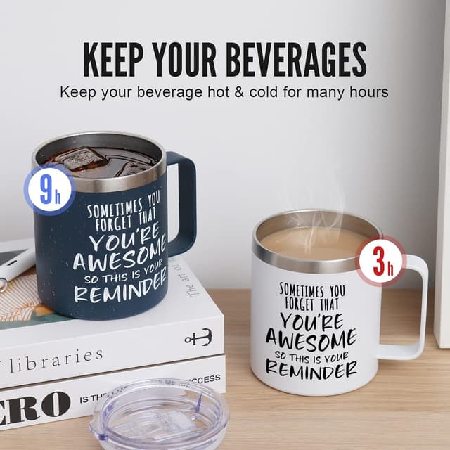 Detalle de NOWWISH Insulated Stainless Steel Coffee Mug (14oz) in Navy Blue — Inspirational Message for Men