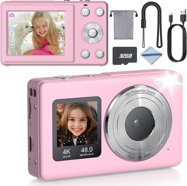 Detalle de eSynic Digital Compact Camera 4K 48MP with Dual Screens, 18X Zoom and LED Fill Light (Pink) + 32G SD Card