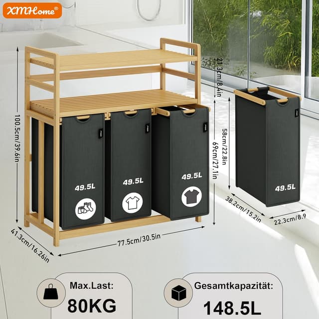 Thumbnail 2 de XMHome Wäschesammler 3 Fächer 148 L Dunkelgrau