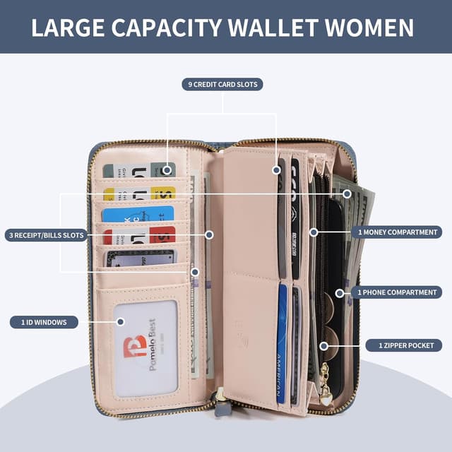 Detalle de Pomelo Best portafogli in pelle da donna con blocco RFID, zip e cinturino da polso