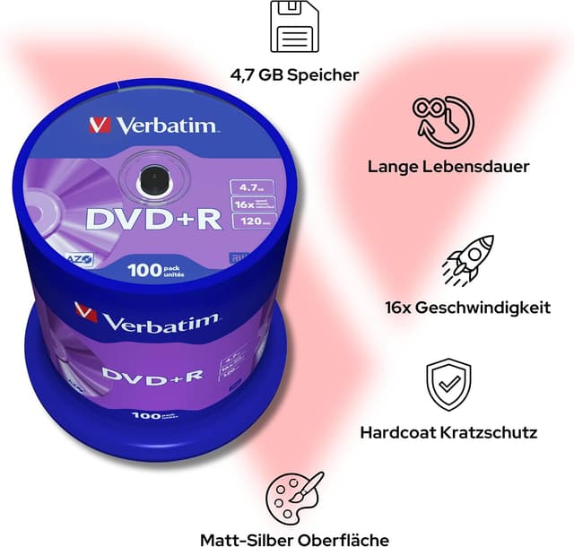 Detalle 2 de Verbatim DVD+R 16x 4,7GB 100er Pack