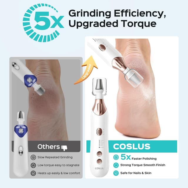 Detalle de COSLUS C43 Professional Manicure & Pedicure Kit (5-in-1) Cordless Electric Nail File for Thick Nails, 5 Speed, White
