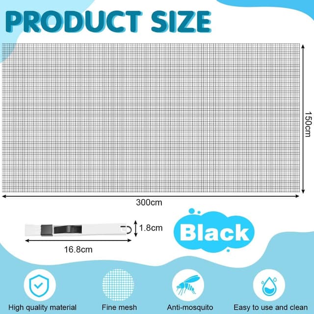 Detalle de BUZIFU Fliegengitter Meterware aus Fiberglas 150 x 300 cm (schwarz) inkl. Fensterputzbürste – UV-schutz & Mückenschutz für Fenster/Türen
