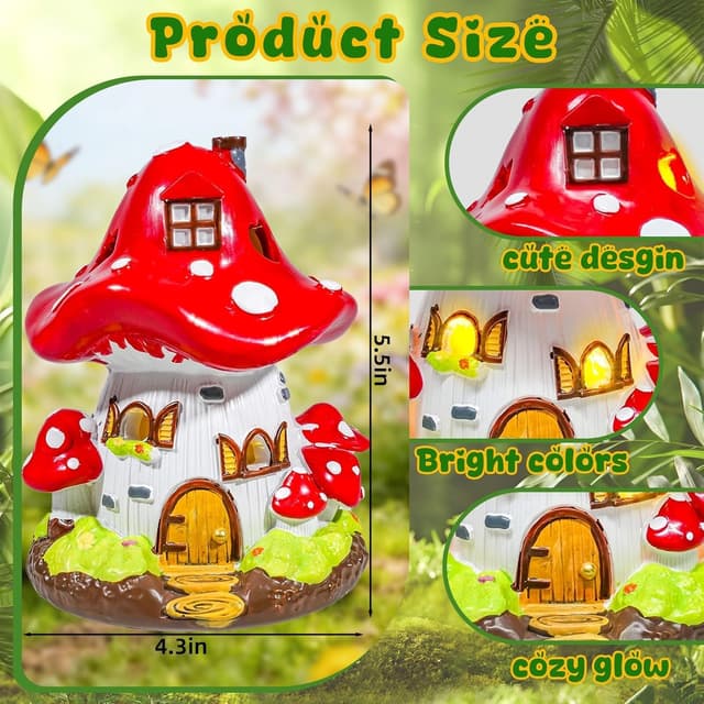 Detalle 2 de Resin Mushroom Fairy House Garden Ornament (4.1 × 4.1 × 5.7 inches) – GW Box Fairy House