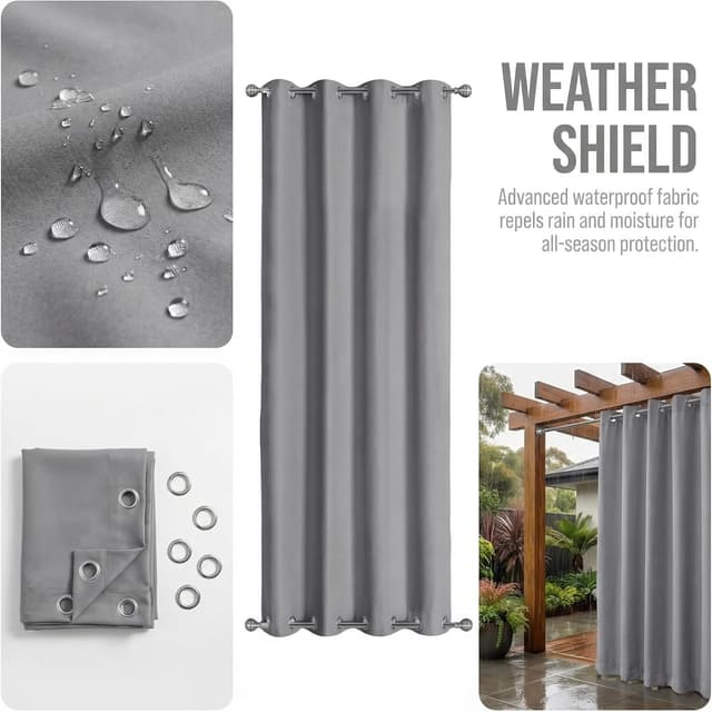 Detalle 2 de LiveGo Outdoor Waterproof Curtains with Stainless Steel Grommets (2 Panels) – 140 x 213cm, light grey