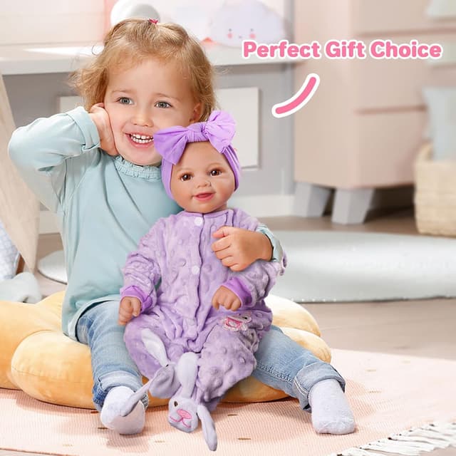 Detalle de BABESIDE Rinato Sunny 17" Bambola neonata in stile reborn viola, corpo morbido in tessuto