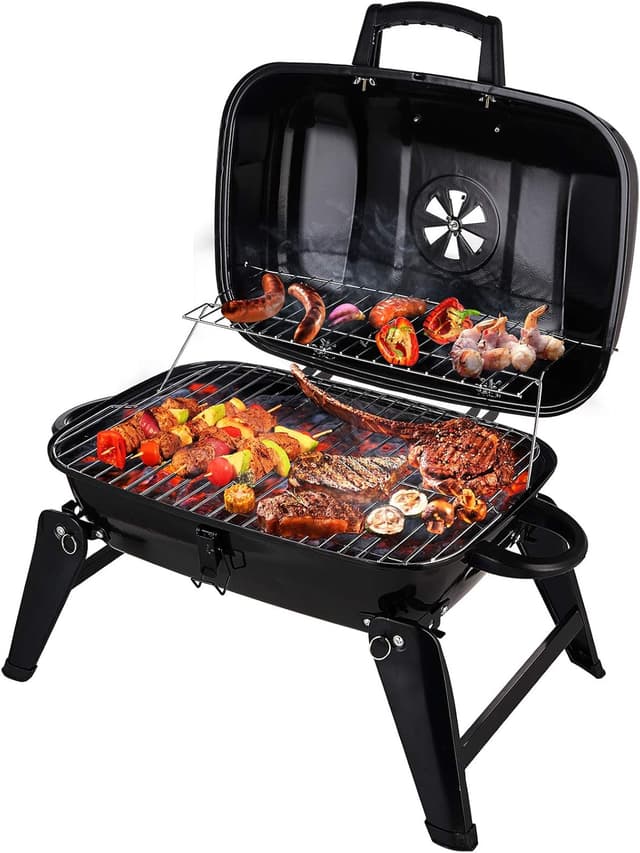 Detalle de CUSIMAX 18-inch Portable Charcoal Grill & Smoker with Lid, Folding Tabletop, Black