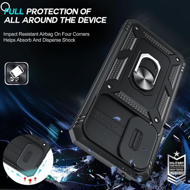 Detalle de LeYi for Samsung Galaxy A56 5G Case with Camera Cover Slider, 360° Tough Armour + Ring Stand and 2 Tempered Glass Screen Protectors (Black)