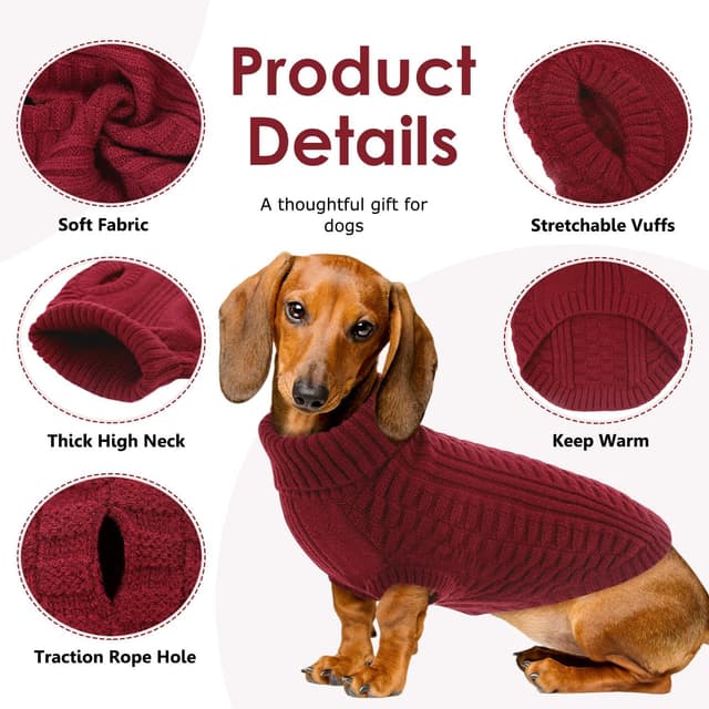 Detalle de CITÉTOILE Hundepullover mit Rollkragen, ärmellos, warmer Strickpullover mit Leinenloch – Rot, XL