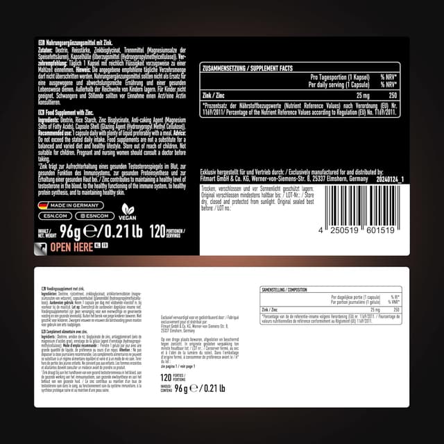 Detalle de ESN Zinc 25 mg Zinkbisglycinat – 120 Kapseln, vegan